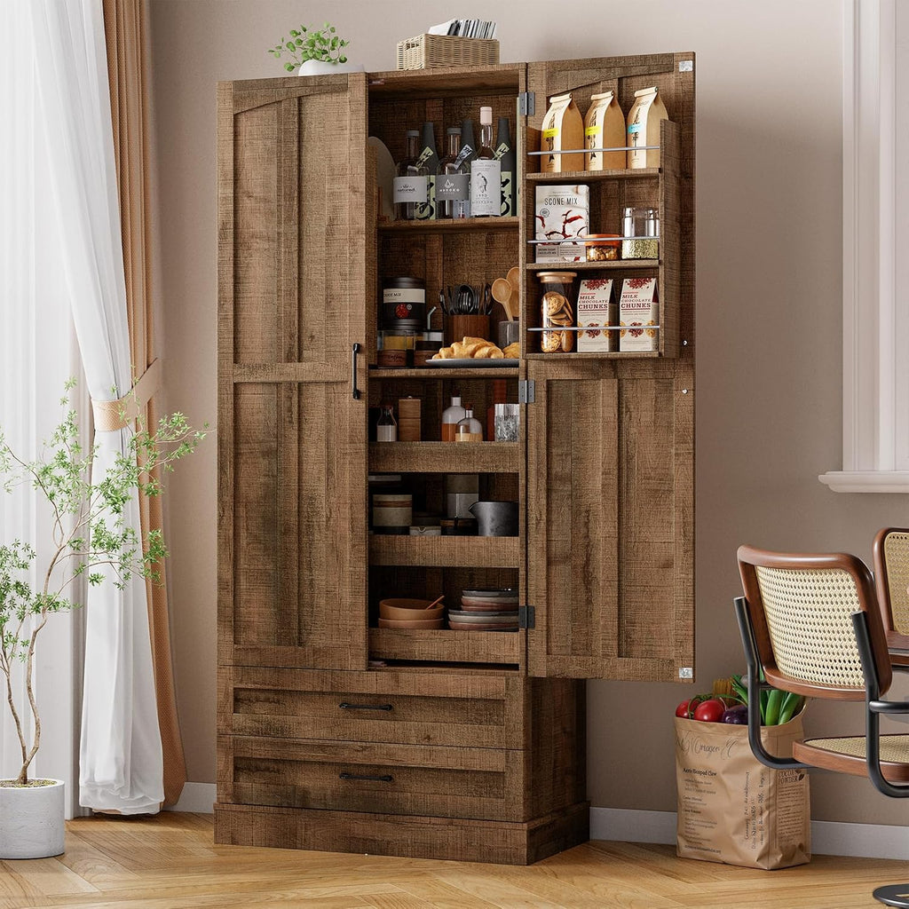 ONBRILL 71' Tall Farmhouse Kitchen Pantry Cabinet with 3 Pull Out Shelves & 2 Large Drawers, Pantry Storage Cabinet with 6 Door Shelf & Adjustable Shelf, Freestanding Cupboard for Kitchen, Dining Room