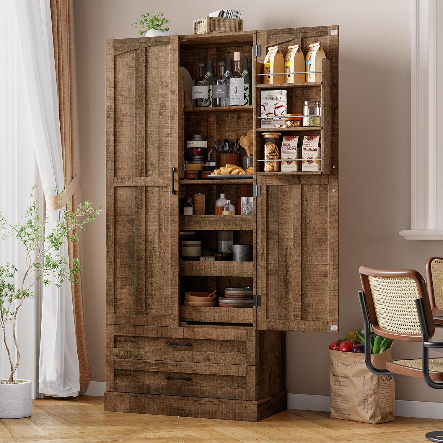 ONBRILL 71' Tall Farmhouse Kitchen Pantry Cabinet with 3 Pull Out Shelves & 2 Large Drawers, Pantry Storage Cabinet with 6 Door Shelf & Adjustable Shelf, Freestanding Cupboard for Kitchen, Dining Room