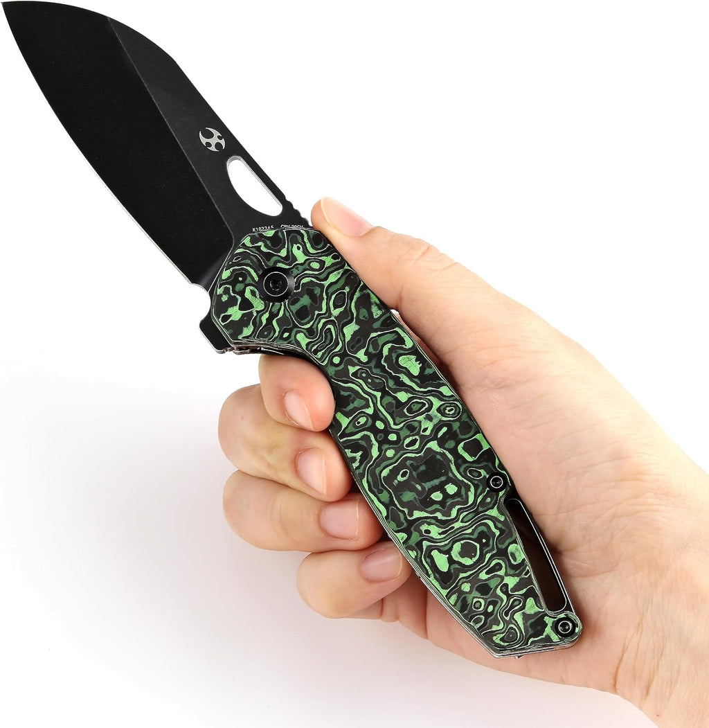 KANSEPT Model 6 Pocket Folding Knives EDC Camping Folding Knife 3.1'' Black Stonewashed CPM 20CV Material Pocket Folding Knife with Green Carbon Fiber Handle Everyday Carry K1022A5