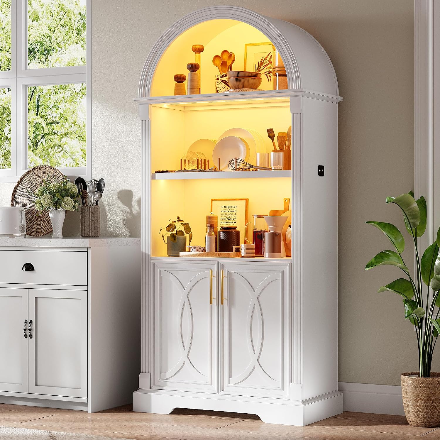 Vlsrka 71' Tall Arched Cabinet, Kitchen Pantry Cabinets, Arched Bookshelf/Bookcase,China Cabinet, Wood Kitchen Storage Cabinets with Open & Adjustable Shelves, Induction 3 Color Lights, White