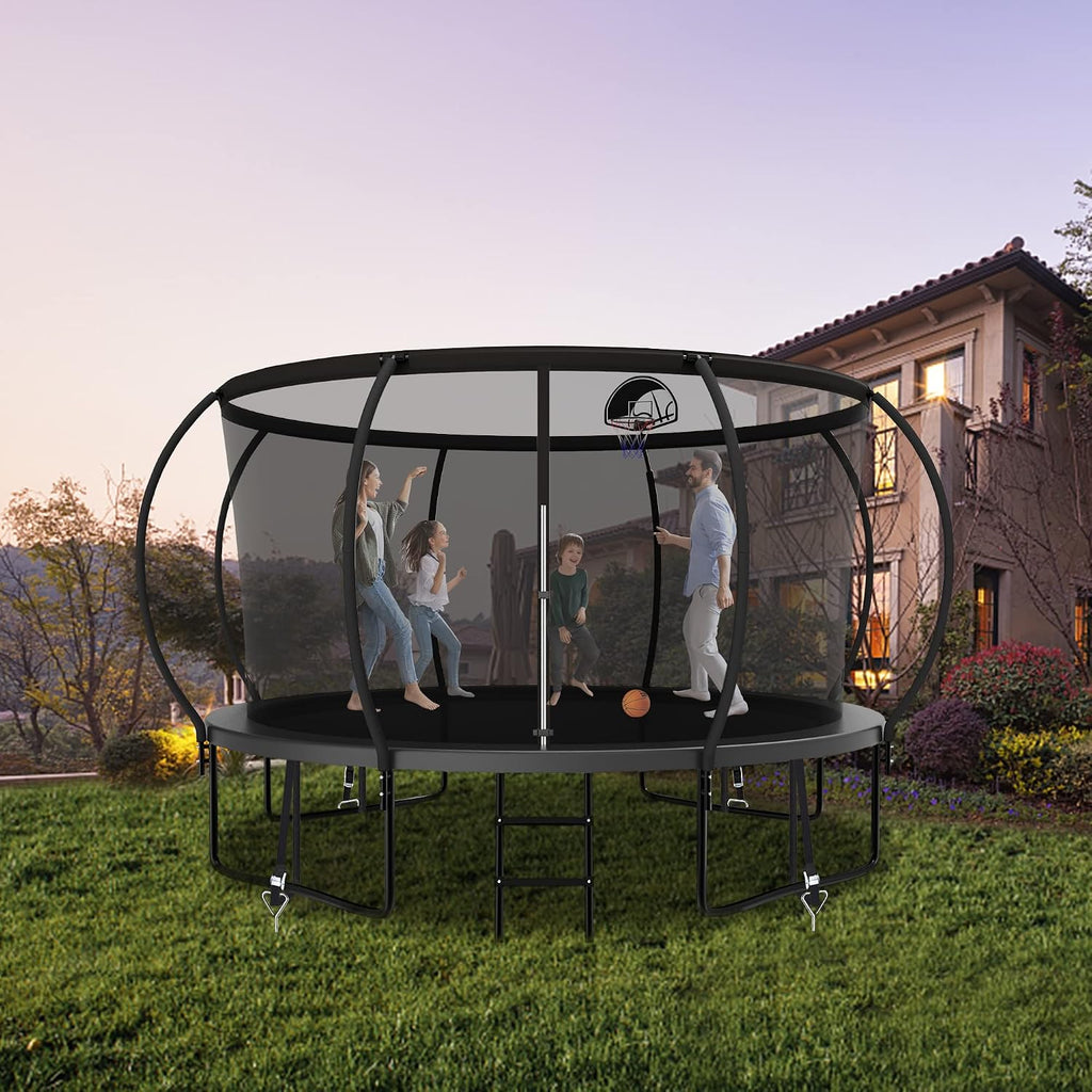 1500LBS Capacity No-Gap Design 8 10 12 14 15 16 FT Recreational Jumper with Enclosure Net, Wind Stakes & Basketball Hoop, ASTM Approved, Perfect for Kids & Adults Family Outdoor Backyard Fun