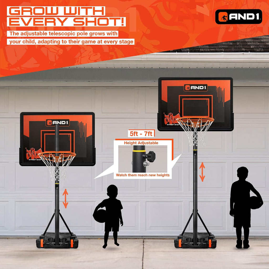 AND1 32' Basketball Hoop & Basketball Bundle - Adjustable Portable Outdoor Basketball Hoop & Regulation Size Basketball, 5-7 Ft Adjustable Height