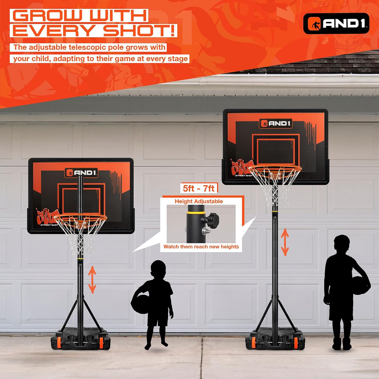 AND1 32' Basketball Hoop & Basketball Bundle - Adjustable Portable Outdoor Basketball Hoop & Regulation Size Basketball, 5-7 Ft Adjustable Height