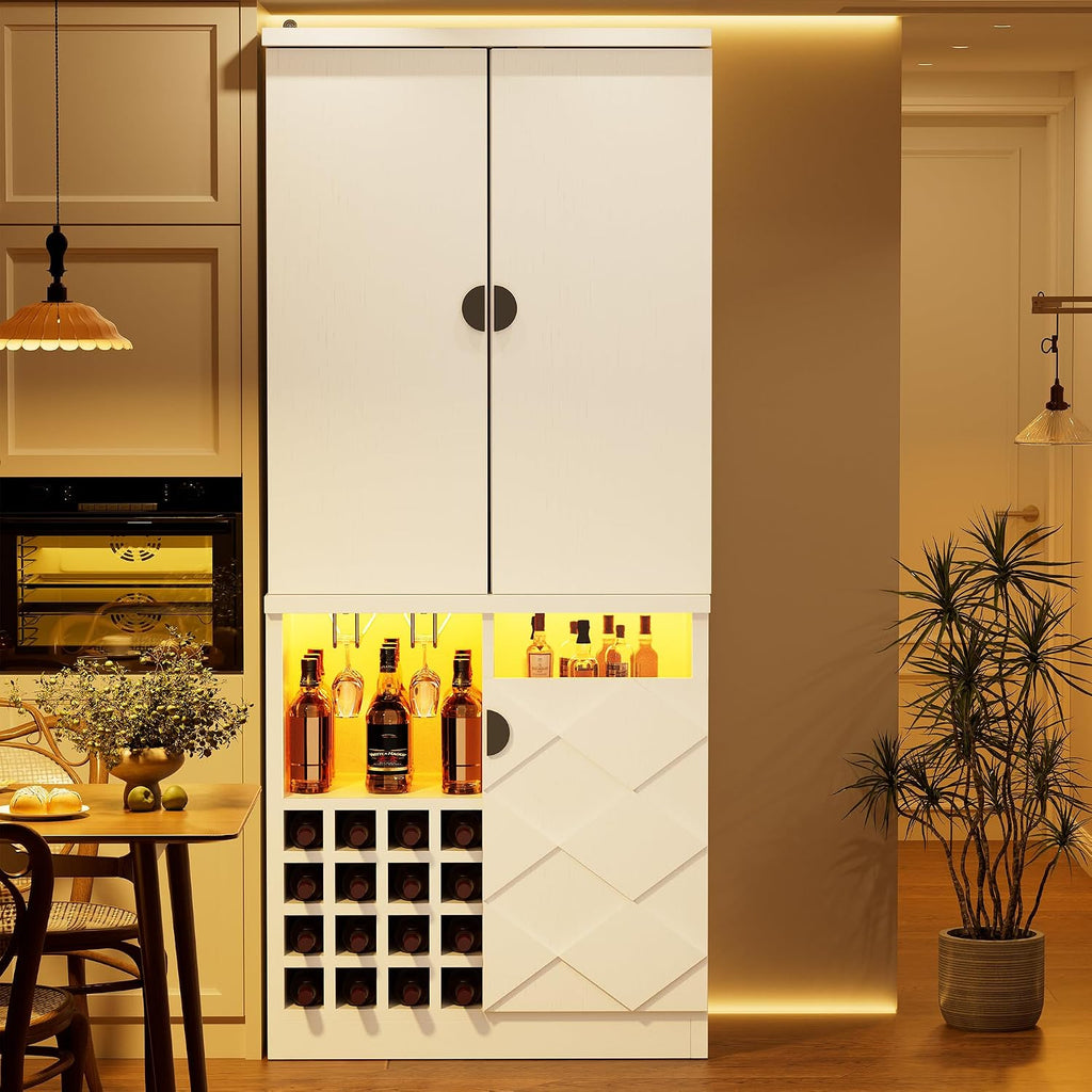 kepptory 72' Tall Kitchen Pantry Storage Cabinet, Freestanding Bar Cabinet with RGB LED Light, White Kitchen Buffet Sideboard with Doors for Dining Room Living Room
