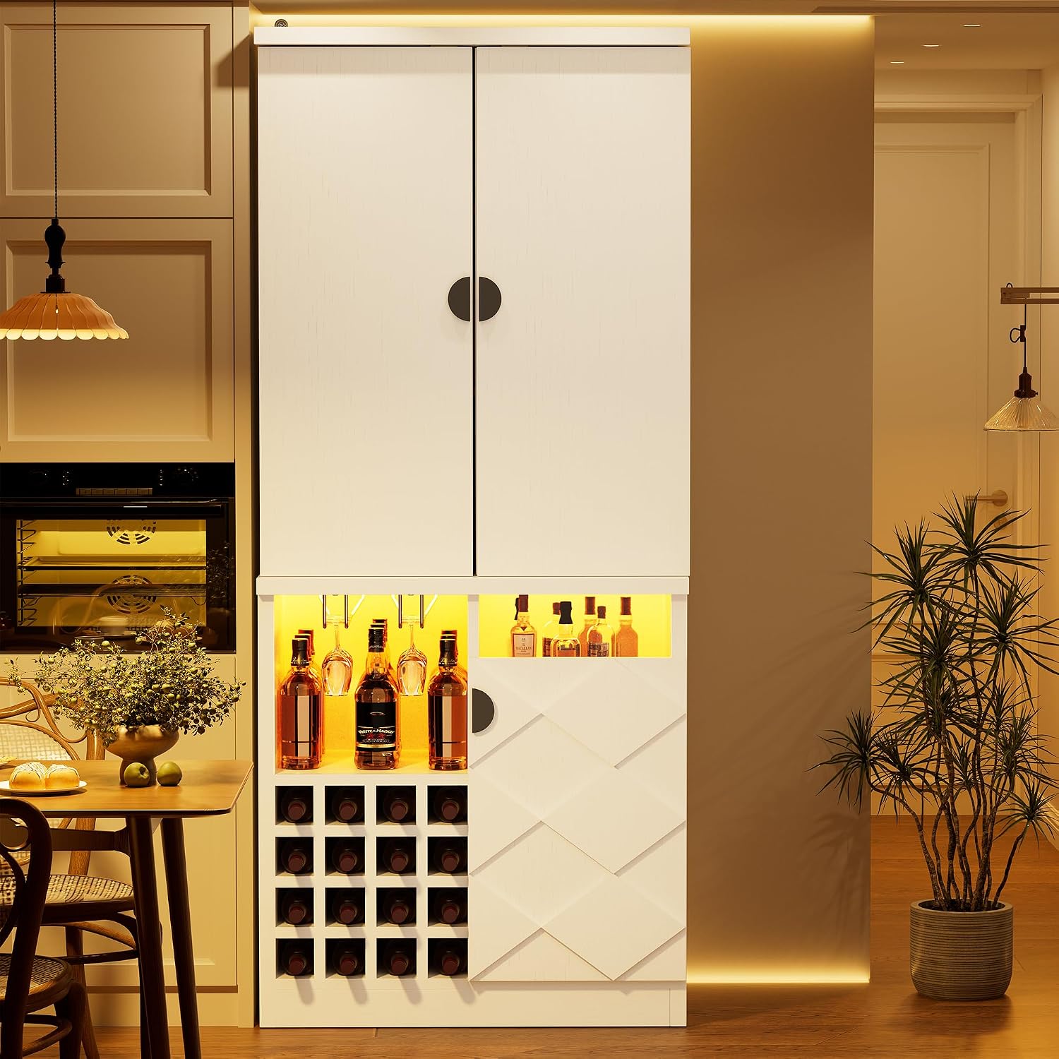 kepptory 72' Tall Kitchen Pantry Storage Cabinet, Freestanding Bar Cabinet with RGB LED Light, White Kitchen Buffet Sideboard with Doors for Dining Room Living Room
