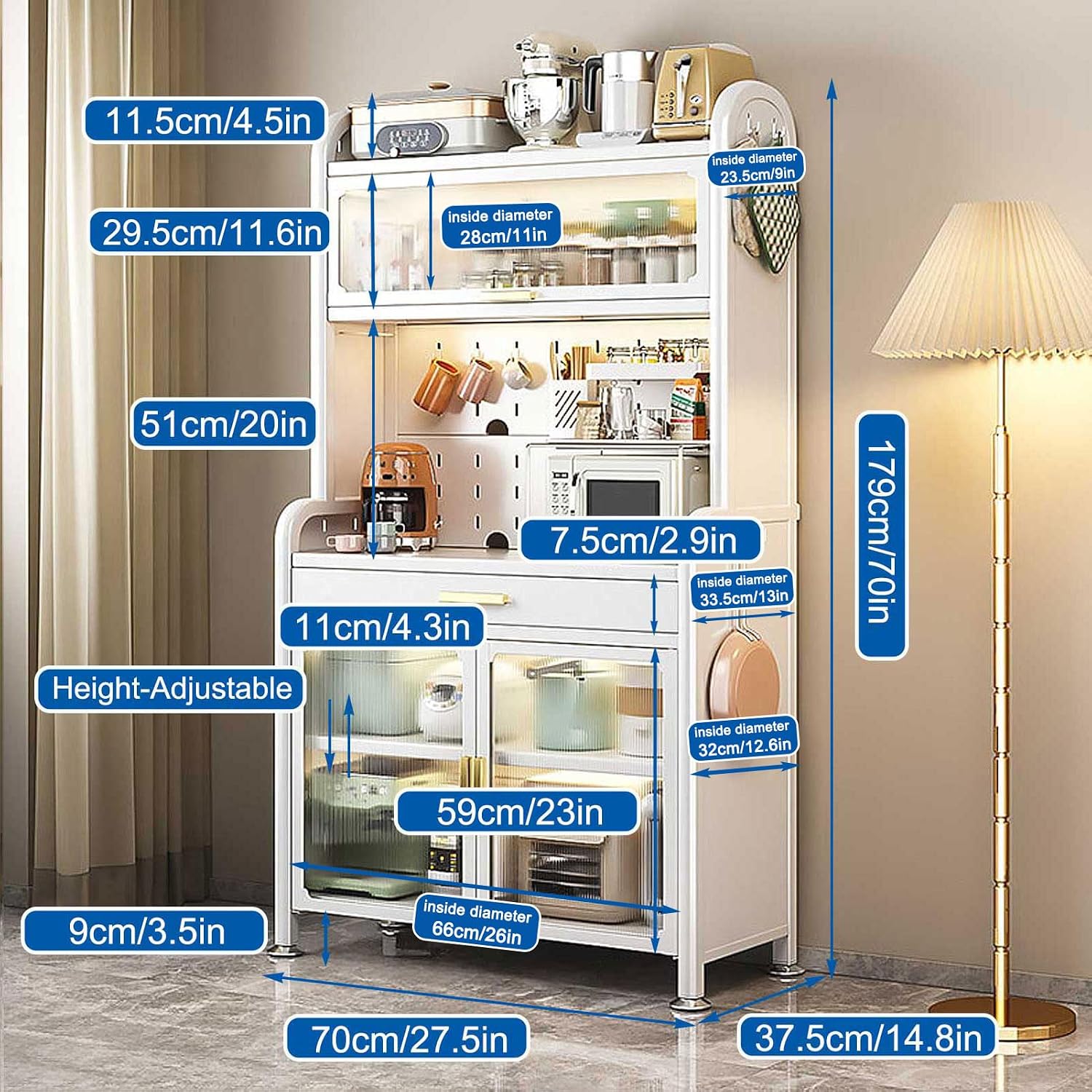 Generic White,179×70cm/70×27.5in, Tall Kitchen Bakers Rack with Drawer and Adjustable Shelf, 5 Tier Multifunctional Microwave Stand Buffet, Coffee Bar Cabinet,Kitchen Pantry Storage Cabinet Shelf