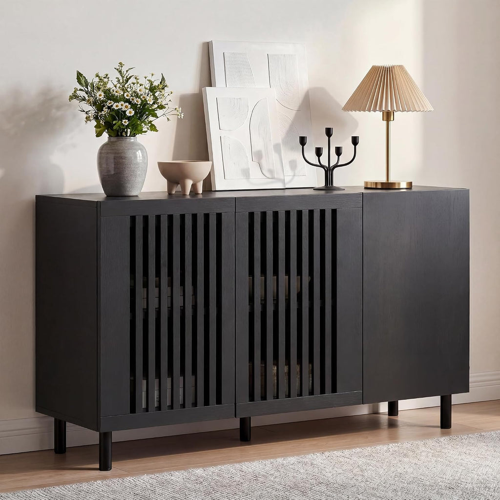 CHUWELL Modern Storage Cabinet, 47.2' Buffet Cabinet with 3 DIY Doors and Adjustable Shelf, Sideboard Coffee Bar with Solid Wood Feet for Kitchen,Dining Room,Living Room,Black