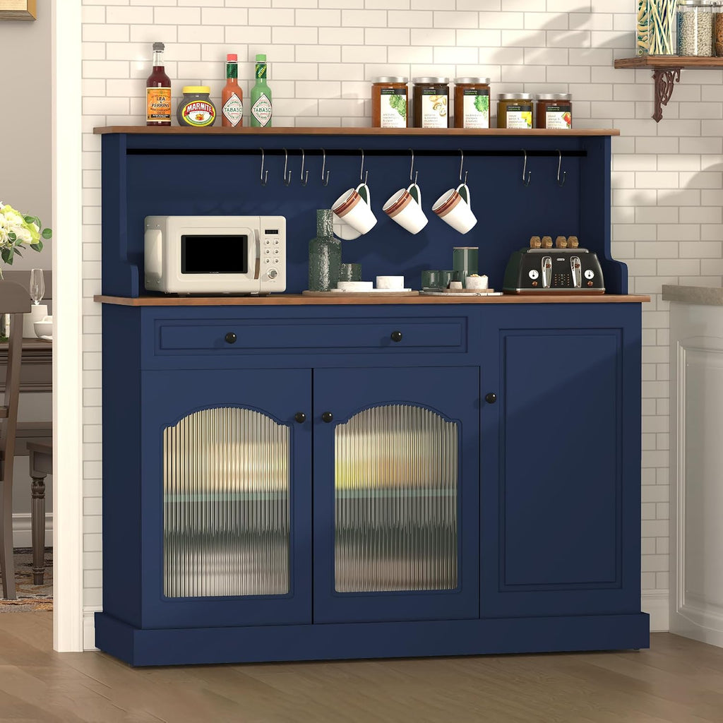 ARTPOWER Farmhosue Coffee Bar Cabinet with Hutch - 48' Modern Buffet Cabinet with Drawer Storage and Glass Doors,Wine Bar Table with Adjustable Shelves for Living Dining Room,Blue