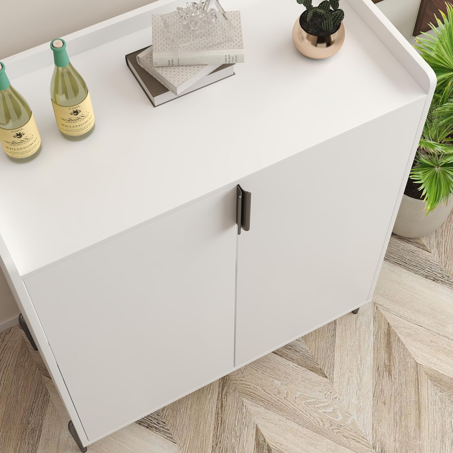 39' Moisture-Resistant Freestanding Storage Cabinet, Kitchen Storage Bakers Rack with Soft-Closing Hinge, Utility Food Cupboard with Wine Bottle Holder for Kitchen Dining Living Room, White