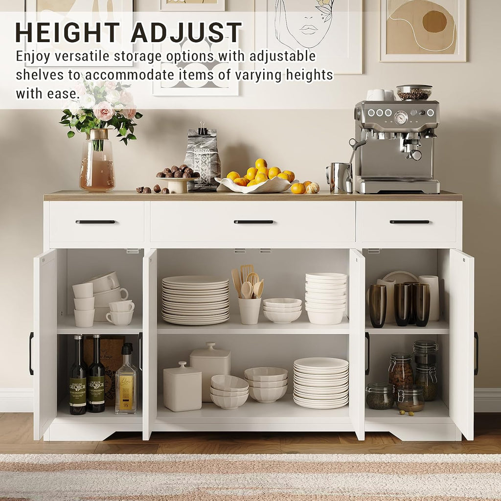 55' Sideboard with Storage Kitchen Storage Cabinet with 3 Drawers, Modern Large Wood Farmhouse Buffet Cabinet TV Stand Coffee Bar for Living Room Hallway