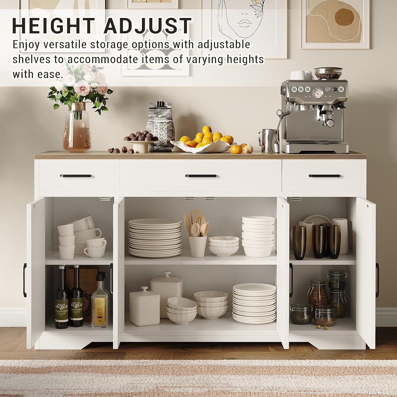 55' Sideboard with Storage Kitchen Storage Cabinet with 3 Drawers, Modern Large Wood Farmhouse Buffet Cabinet TV Stand Coffee Bar for Living Room Hallway
