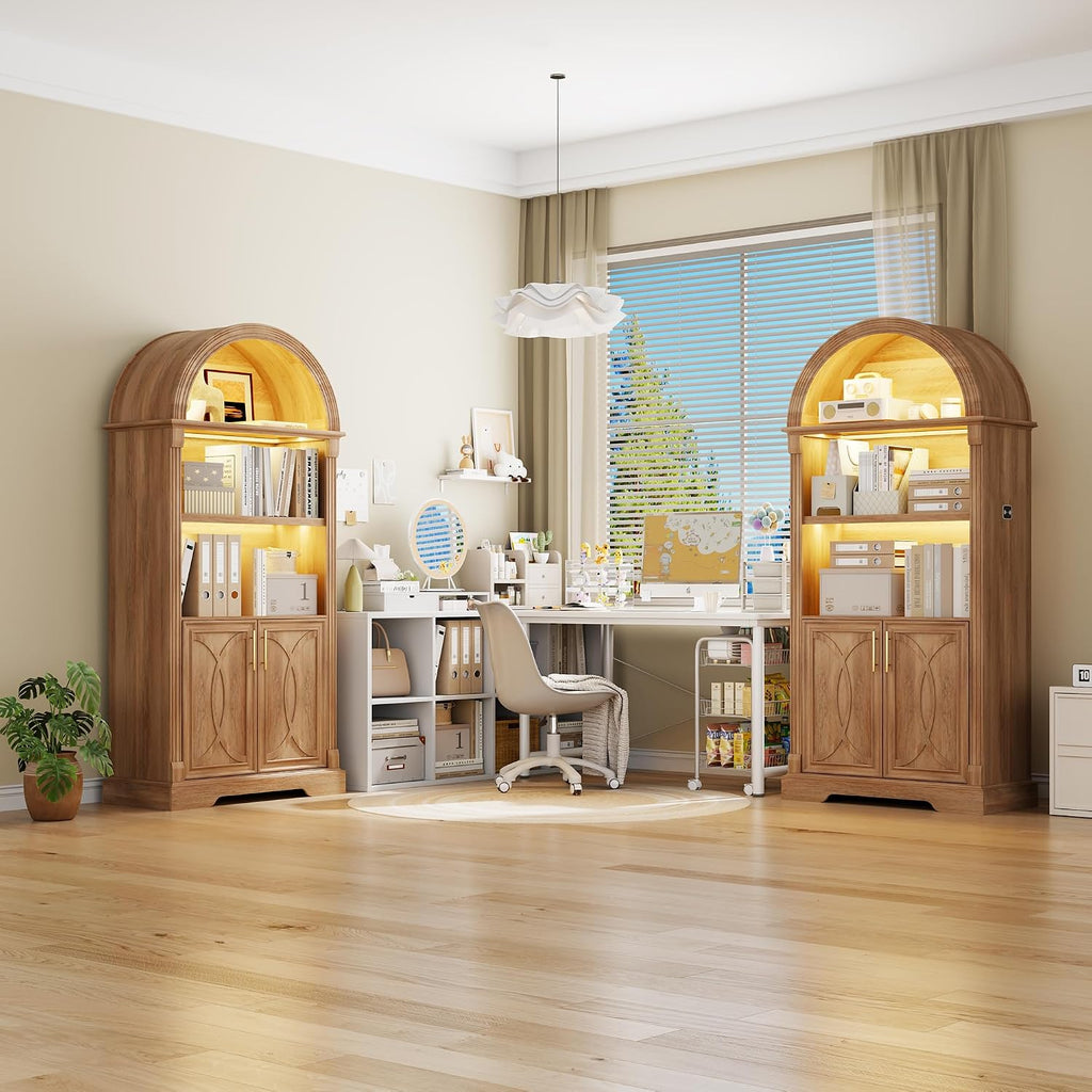 Vlsrka Arched Cabinet, Kitchen Pantry Cabinets with Open & Adjustable Shelves, Induction 3 Color Lights (Brown 2 PCS)
