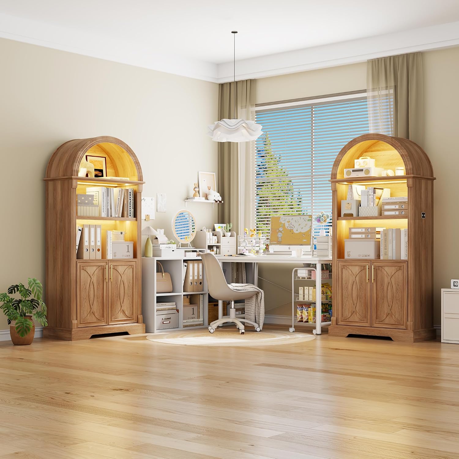 Vlsrka Arched Cabinet, Kitchen Pantry Cabinets with Open & Adjustable Shelves, Induction 3 Color Lights (Brown 2 PCS)