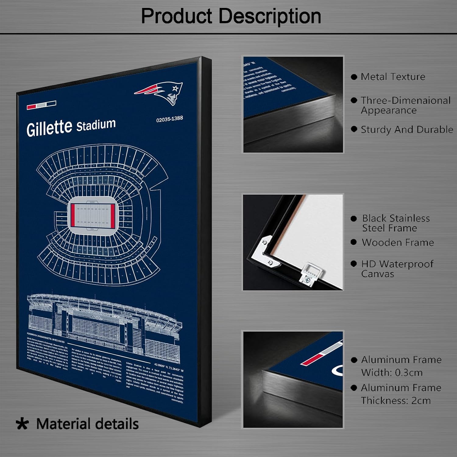 SPASAV (Metal Frame 24'x36') GilletteStadium Stadium Blueprint Canvas Print – New England Detailed Stadium Map Poster, Patriots Fan Decor, Wall Art for Home or Office