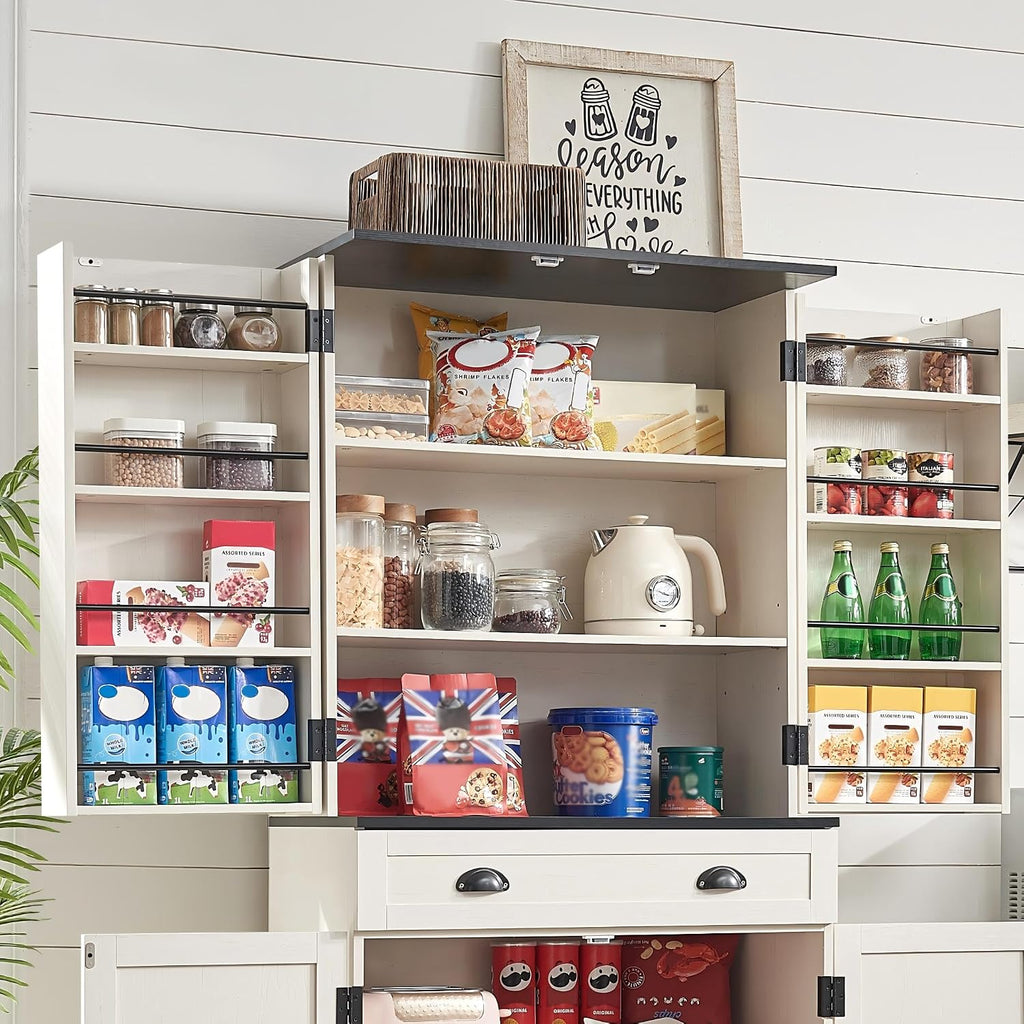 NOZE Kitchen Pantry Cabinet, 72'' White Pantry Storage Cabinet, Freestanding Kitchen Hutch Cabinet and Adjustable Shelves,Tall Food Pantry Cabinet Farmhouse Furniture for Dining Room