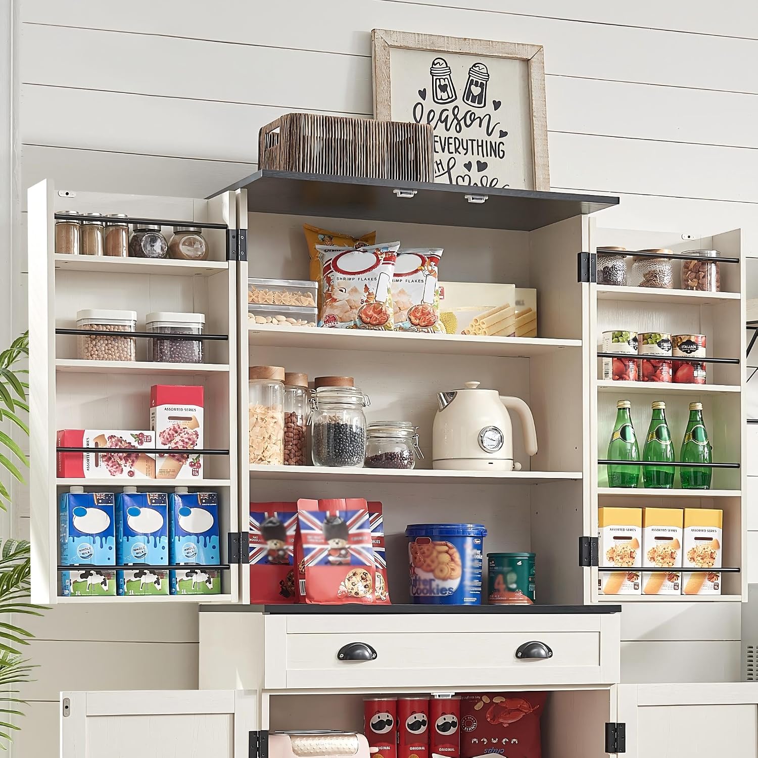 NOZE Kitchen Pantry Cabinet, 72'' White Pantry Storage Cabinet, Freestanding Kitchen Hutch Cabinet and Adjustable Shelves,Tall Food Pantry Cabinet Farmhouse Furniture for Dining Room