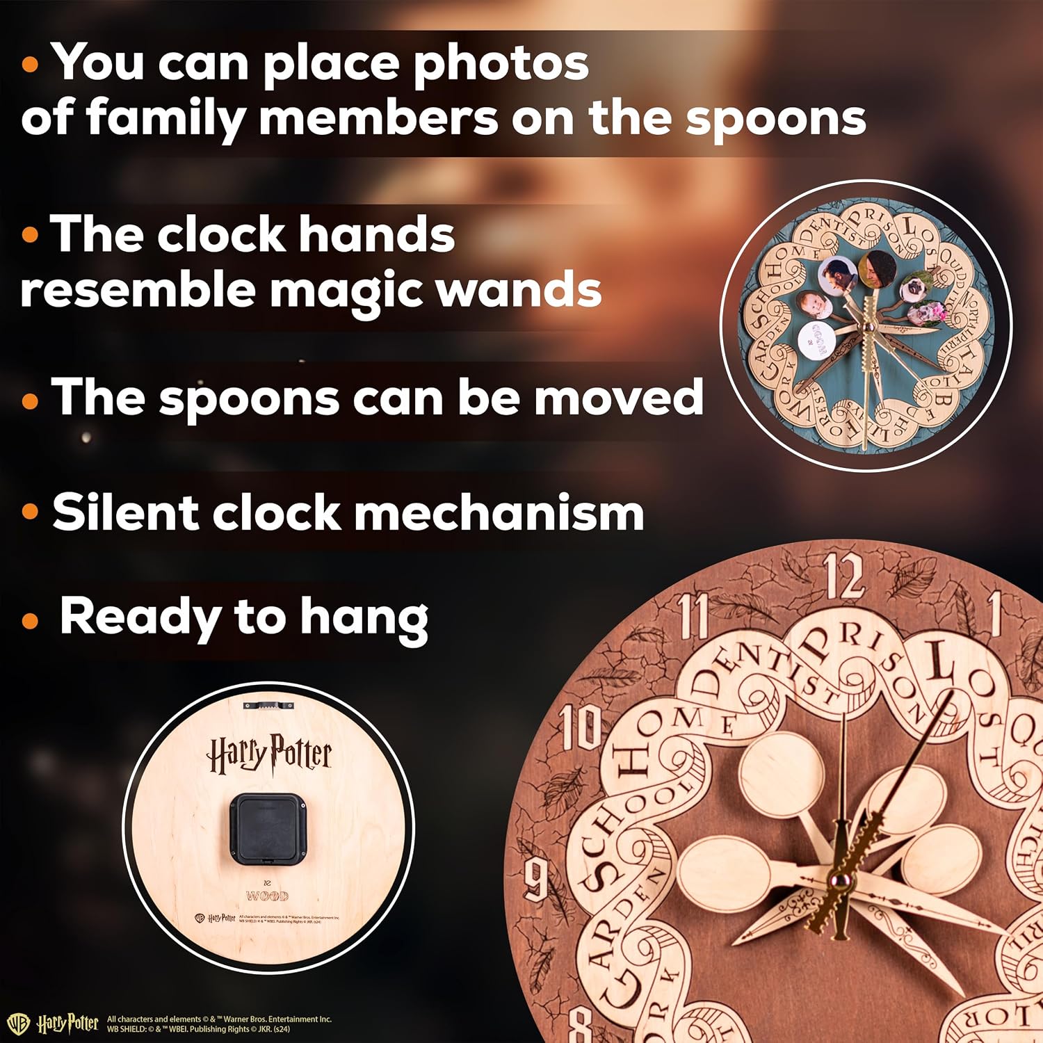ZE WOOD Weasley Family Round Clock - Harry Potter 3D Wall Clock - Unique Dark Wooden Clock, Silent Large Modern Rustic Decorative Home Decor for Harry Potter Fans (5 spoons, M)