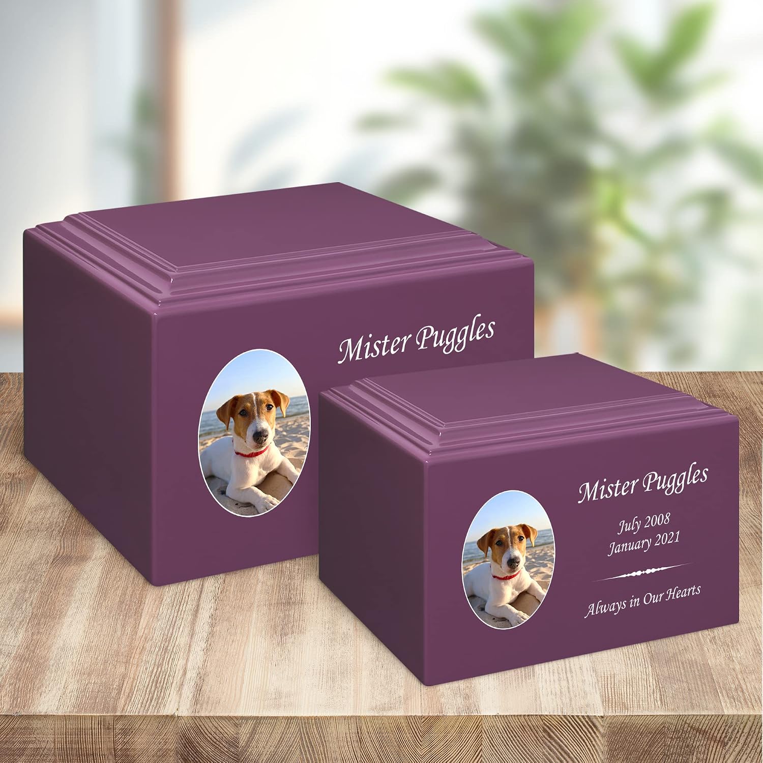 Mainely Urns Stonewood Medium Custom Pet Photo Cremation Urn for Pet Ashes - Engineered Wood Cremation Urn for Dog Ashes or Cat Ashes - 110 Cubic Inch Capacity - Customization Included (Amethyst)