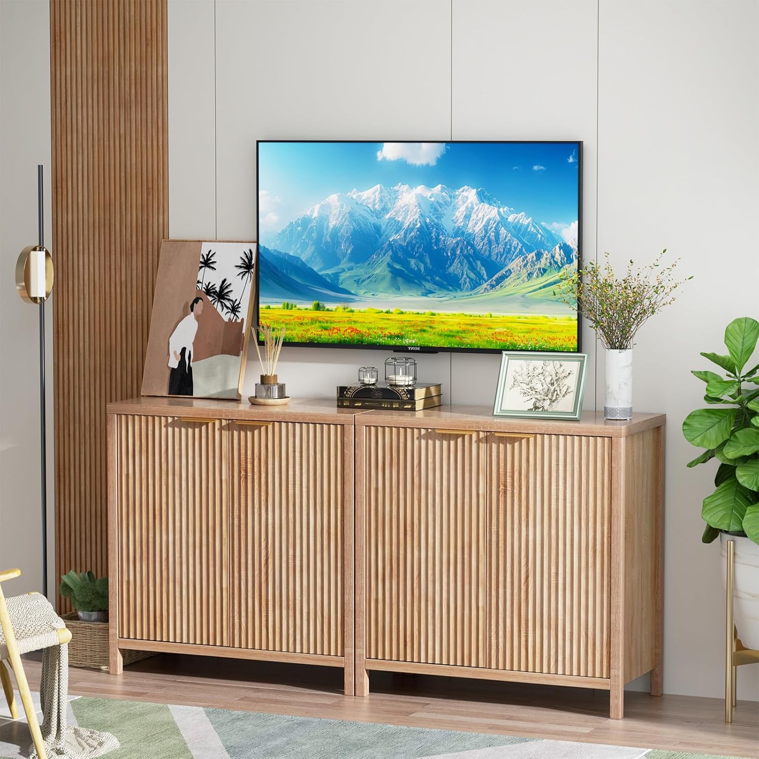 Sideboard Buffet Cabinet Set of 3, 31' Storage Cabinet with 2 Doors and Adjustable Shelves, Sideboard Console for Dinning Room, Kitchen and Living Room - Oak
