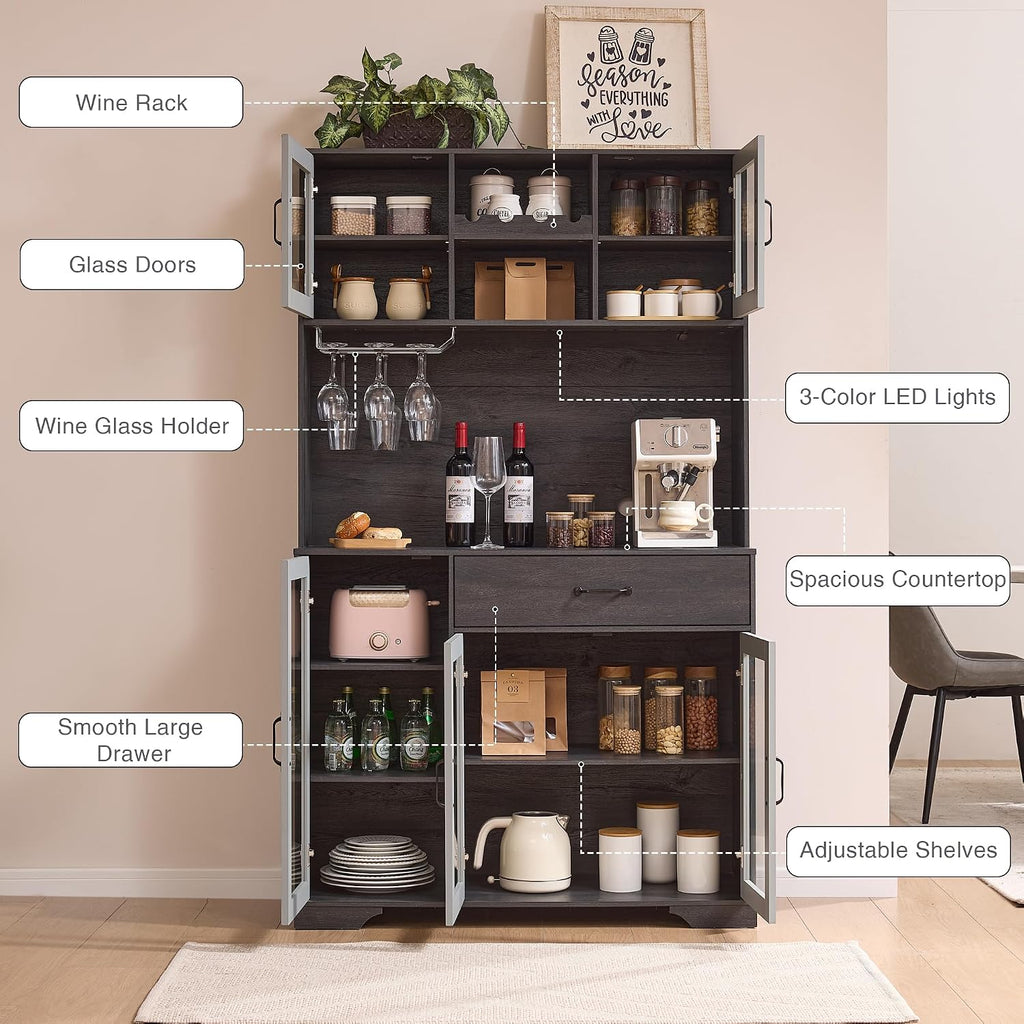 Fatmok 71' Tall Pantry Cabinet with Glass Doors, Kitchen Hutch Storage Cabinet, Coffee Bar & Liquor Cabinet with Charging Station & LED Lights, Wine Rack, Adjustable Shelves＆Large Drawer, Grey