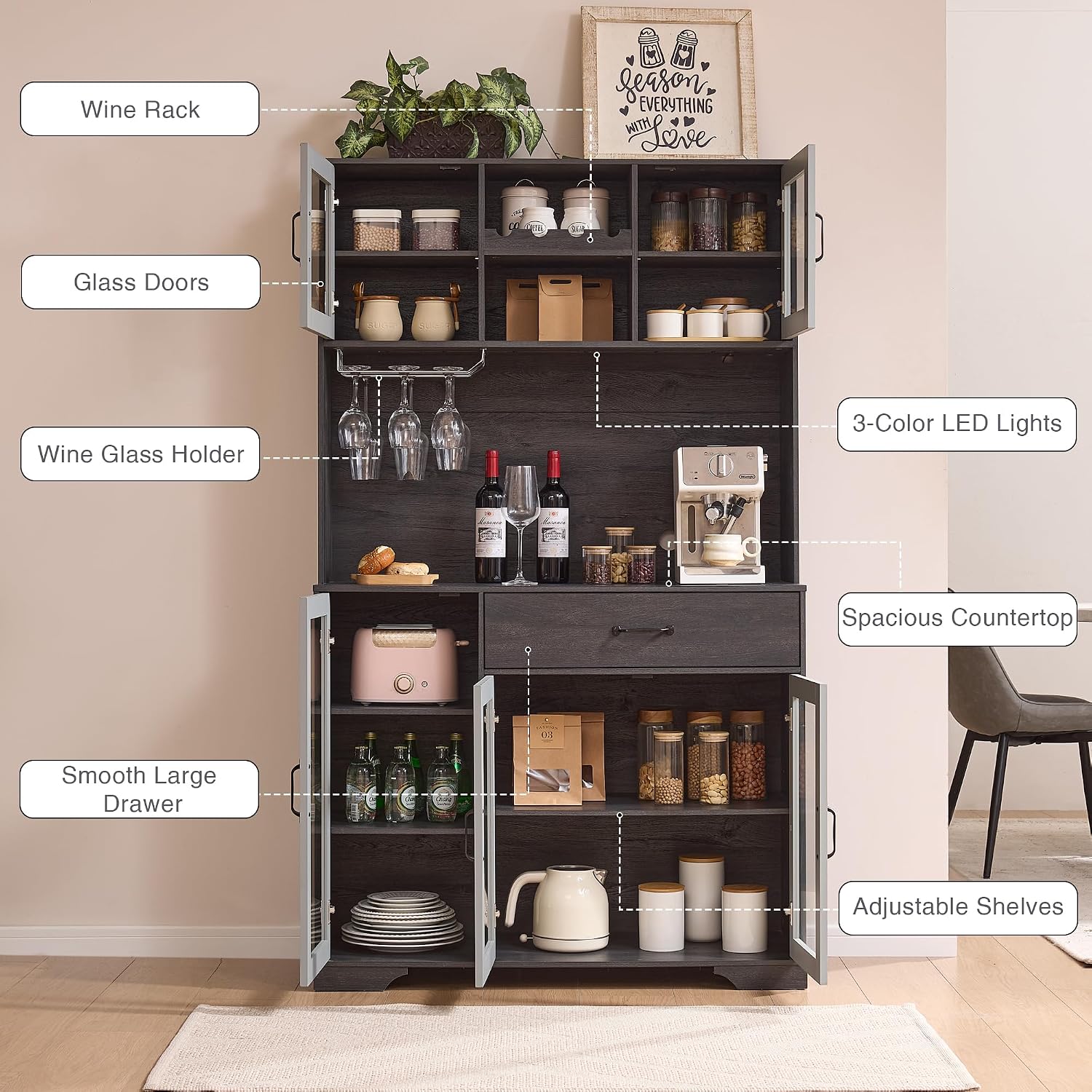 Fatmok 71' Tall Pantry Cabinet with Glass Doors, Kitchen Hutch Storage Cabinet, Coffee Bar & Liquor Cabinet with Charging Station & LED Lights, Wine Rack, Adjustable Shelves＆Large Drawer, Grey