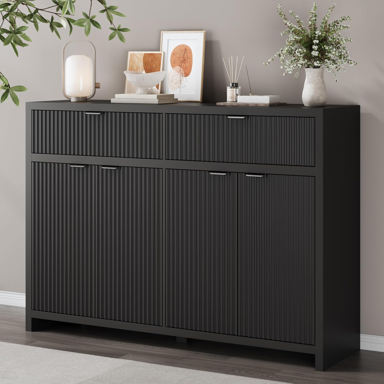 55' W Fluted Buffet Cabinet with Storage Accent Sideboard with 2 Drawers & 4 Doors,Wood Console Coffee Bar Table with Adjustable Shelves for Living Room,Kitchen and Dining Room