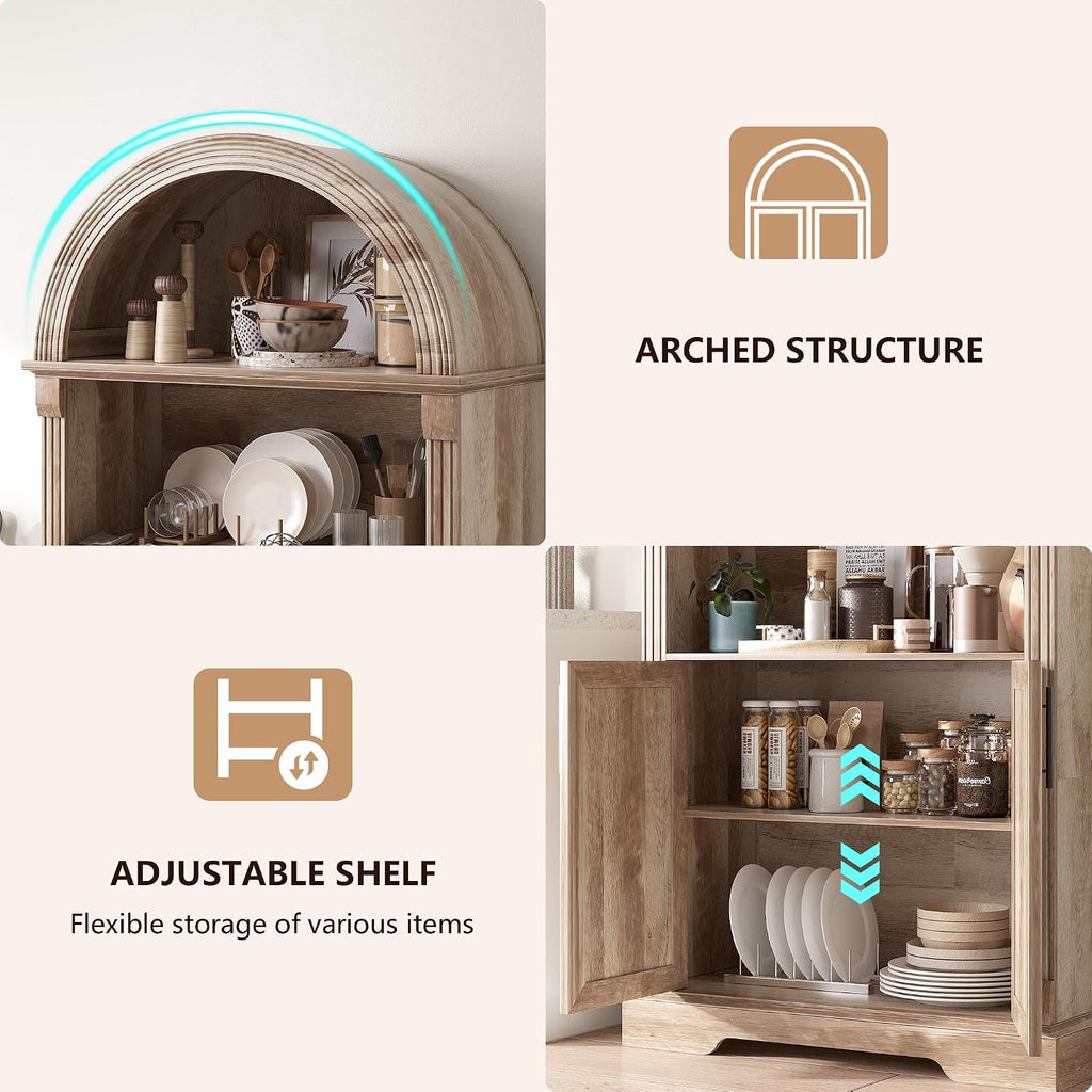 Vlsrka Arched Cabinet, Kitchen Pantry Cabinets with Open & Adjustable Shelves, Induction 3 Color Lights (Brown)