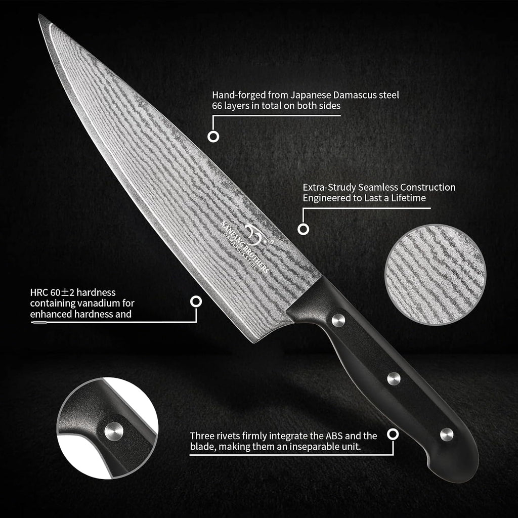 NANFANG BROTHERS 15-Piece Damascus Kitchen Knife Set, 67-Layer VG10 Japanese Steel, Professional Chef & Steak Knife Set with Compact Block, Triple-Riveted Handles (Hand-Wash Only)
