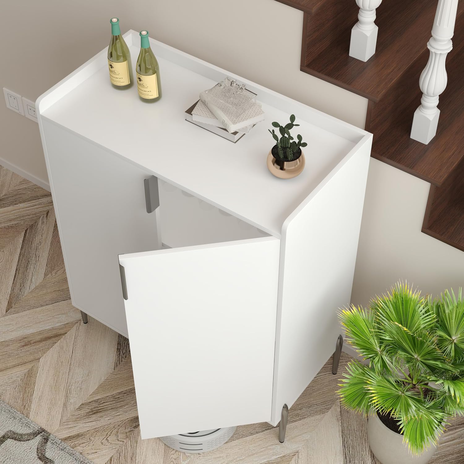 39' Moisture-Resistant Freestanding Storage Cabinet, Kitchen Storage Bakers Rack with Soft-Closing Hinge, Utility Food Cupboard with Wine Bottle Holder for Kitchen Dining Living Room, White