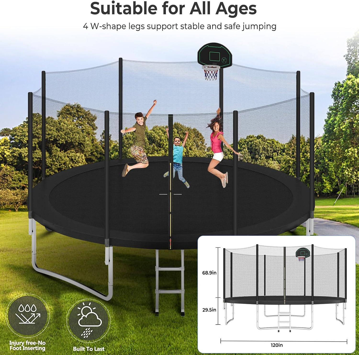 Lyromix Upgraded 16FT 15FT 14FT 12FT 10FT 8FT Trampoline Outdoor with Basketball Hoop and Net, Capacity for 4-6 Kids and Adults