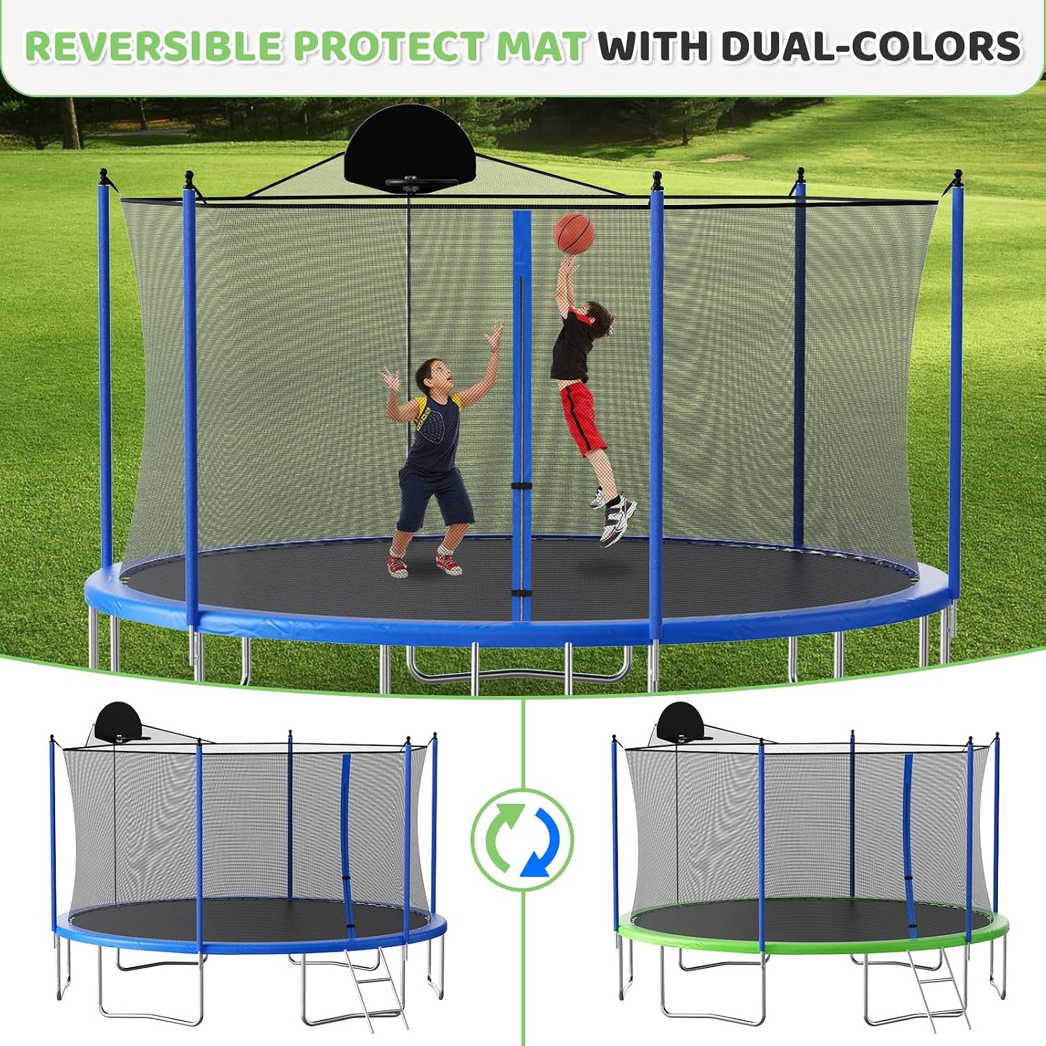 Skepphlay 16ft 14ft 12ft Trampoline Outdoor for Kids and Adults, ASTM Approved Recreational Trampoline, Round Trampoline with Basketball Hoop & Enclosure Net for Backyard