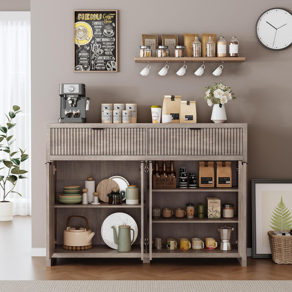 Fluted Sideboard Buffet Cabinet with Storage Drawers, 55' Large Accent Storage Cabinet with Doors and Adjustable Shelf, Modern Farmhouse Credenza for Entryway, Kitchen, Living Room - Gray