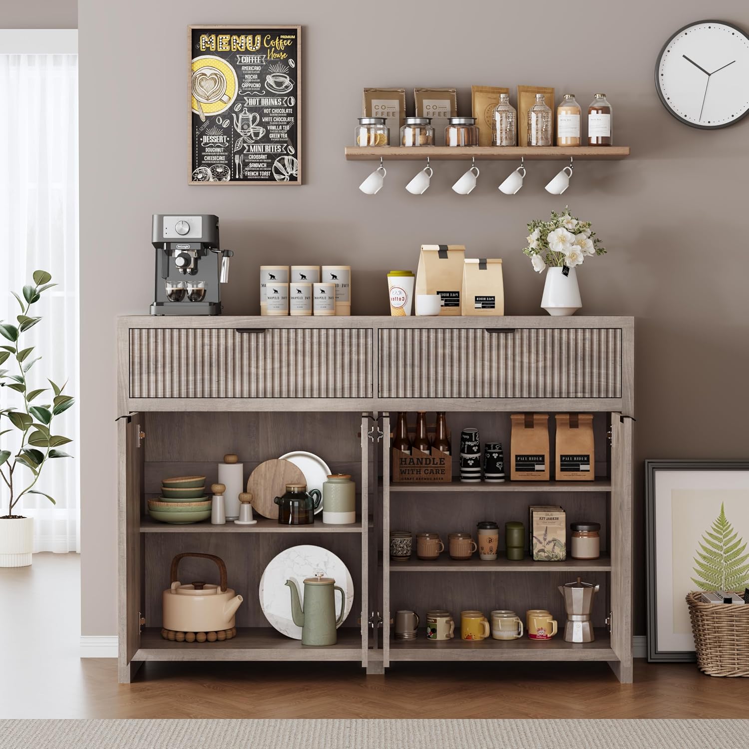 Fluted Sideboard Buffet Cabinet with Storage Drawers, 55' Large Accent Storage Cabinet with Doors and Adjustable Shelf, Modern Farmhouse Credenza for Entryway, Kitchen, Living Room - Gray