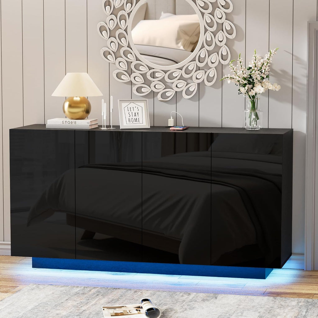 Anbuy Buffet Cabinet with LED Lights Sideboard with Storage Coffee Bar with Charging Station Buffet Cabinet with High Gloss Doors for Kitchen, Bedroom, Living Room (Black LED)