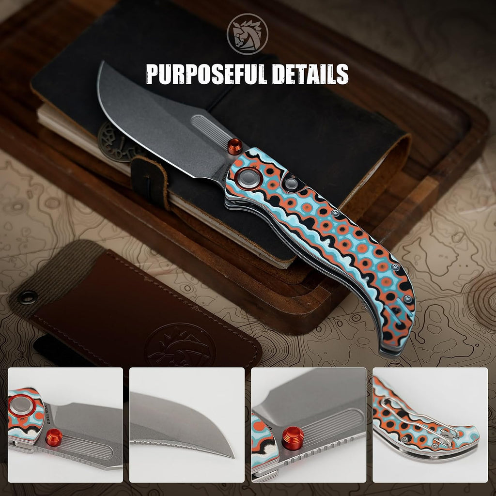 Vosteed Naga EDC Folding Pocket Knife - 3.47' S35VN Stonewash Blade - Top Liner Lock, Coral Orbit Bamboo Micarta Handle - Camping, Hiking Knives - A3907