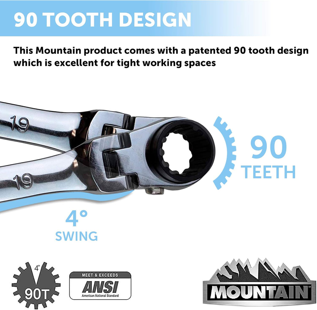 Mountain RM6 5-Piece Metric Double Box Universal Spline Reversible Ratcheting Wrench Set; 8 mm - 18mm, 90 Tooth Design, Long, Flexible, Reversible; 4-Pack