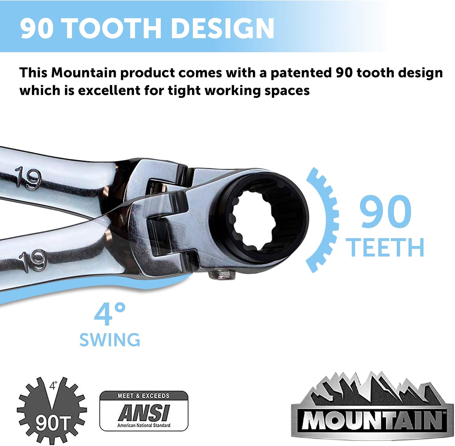 Mountain RM6 5-Piece Metric Double Box Universal Spline Reversible Ratcheting Wrench Set; 8 mm - 18mm, 90 Tooth Design, Long, Flexible, Reversible; 4-Pack