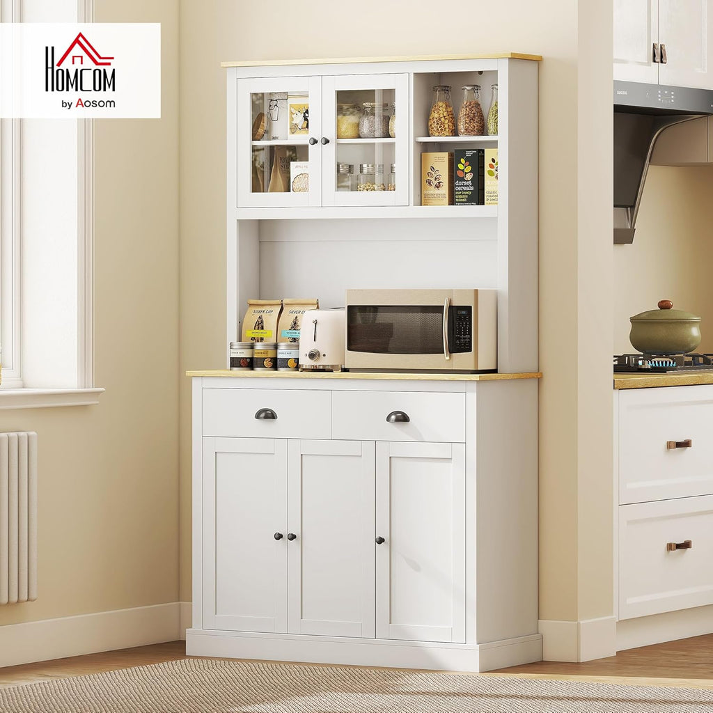 HOMCOM Kitchen Pantry Storage Cabinet with Microwave Stand, 71' Modern Kitchen Hutch with Open Countertop, Glass Doors, Storage Drawers and Adjustable Shelves for Dining Room, Coffee Bar, White