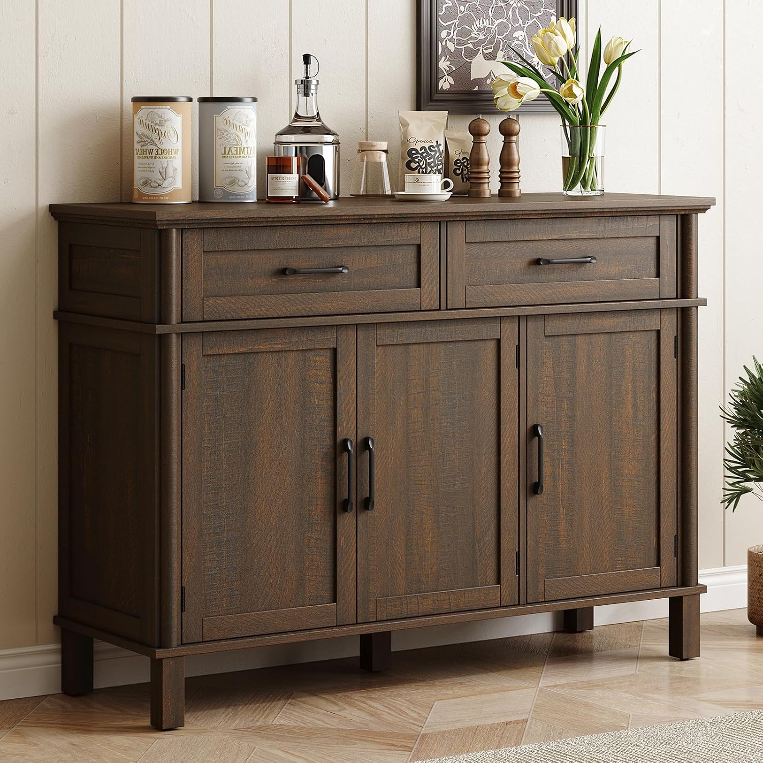ONBRILL 48 Inch Buffet Cabinet with Storage, Farmhouse Sideboard Buffet w/2 Drawers and 3 Doors, Wood Coffee Bar Cabinet with Adjustable Shelves, Sideboard Storage for Kitchen, Living Room, Brown