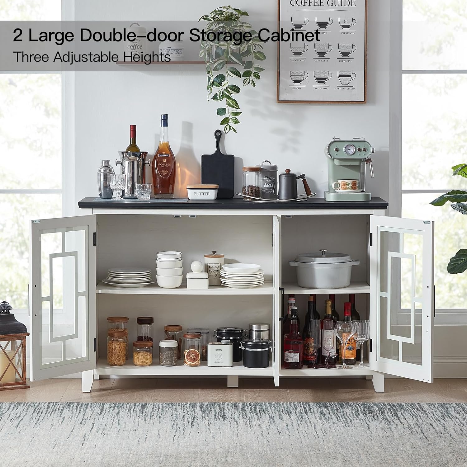 Joaxswe Large Sideboard Buffet Cabinet with Storage, 55' Farmhouse White Kitchen Coffee Wine Bar Cabinet with 3 Glass Doors, Wood Mid Century Modern Side Board Table for Dining Room, Living Room