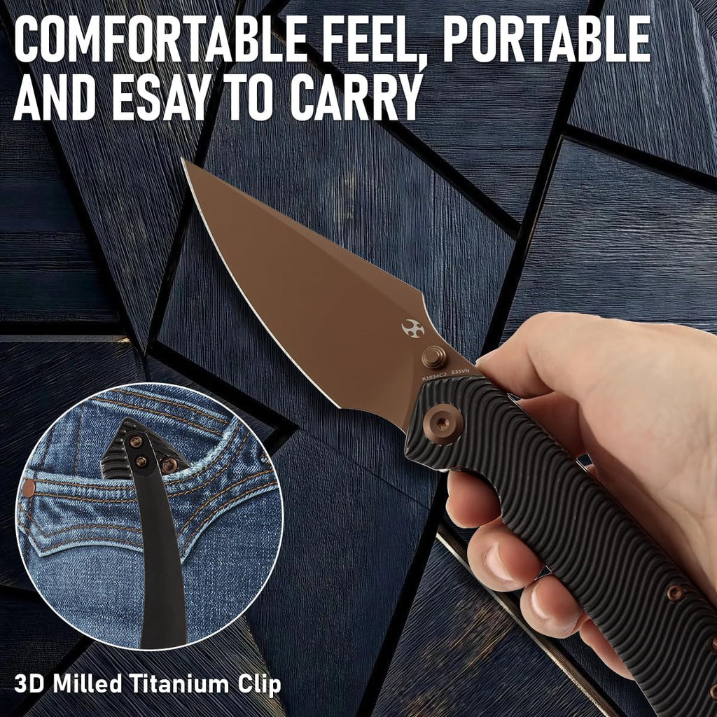 KANSEPT Fenrir Pocket Knife, 3.48' Rose Gold CPM-S35VN Blade with Flipper and Thumb Stud, Frame Lock for Camping Outdoor with Blackwash Titanium Handle and Micro-Milled Water Ripple Texture K1034C3