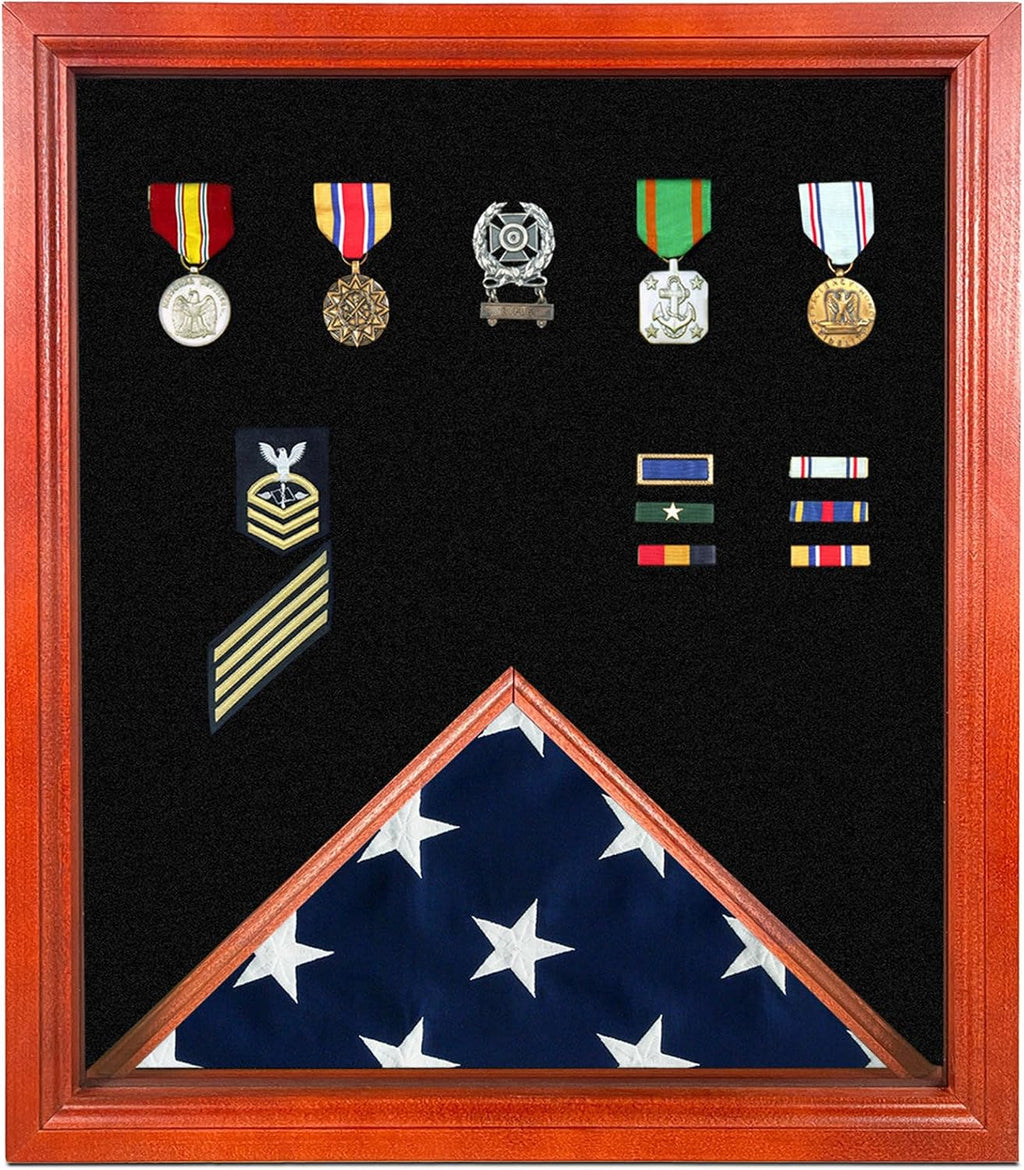 Super Tough Cherry Medal and Flag Display Case for American Veteran Burial | Holds 3ft x 5ft Flags | 20' W x 23' L | Display Box for Hanging Medals & Memorabilia to Show Honor