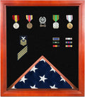Super Tough Cherry Medal and Flag Display Case for American Veteran Burial | Holds 3ft x 5ft Flags | 20' W x 23' L | Display Box for Hanging Medals & Memorabilia to Show Honor
