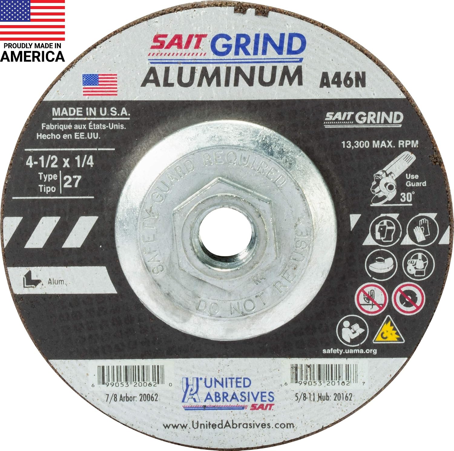 United Abrasives-SAIT 20162 A46N Aluminum Grinding Wheel (Type 27/Depressed Center) 4 1/2' x 1/4' x 5/8-11', 10-Pack