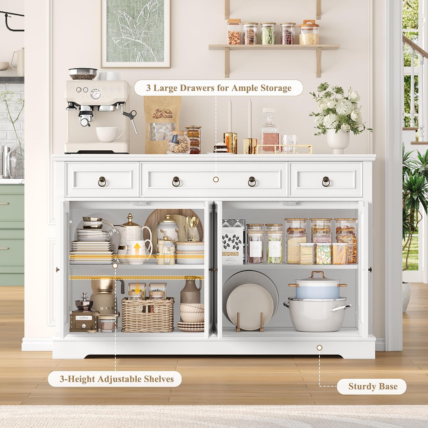 FINETONES Buffet Cabinet with Storage, 52.7' Large Sideboard Buffet Cabinet, White Kitchen Cabinet with 3 Drawers and 4 Doors, Wood Coffee Bar for Kitchen Dining Room, White