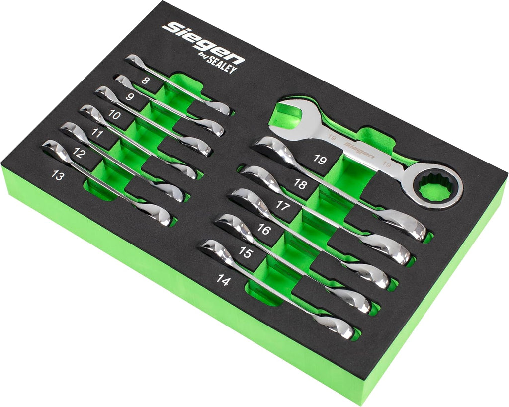 Sealey S0633 Metric Stubby Ratchet Combination Spanner Set, 12 Pieces, Silver
