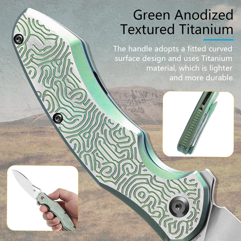KANSEPT Echis Pocket Folding Knives for Men Women Camping Hiking Folding Knife 3.45'' Stonewashed CPM S35VN Blade Pocket Knife with Green Anodized Textured Titanium Handle Everyday Carry K1071A4