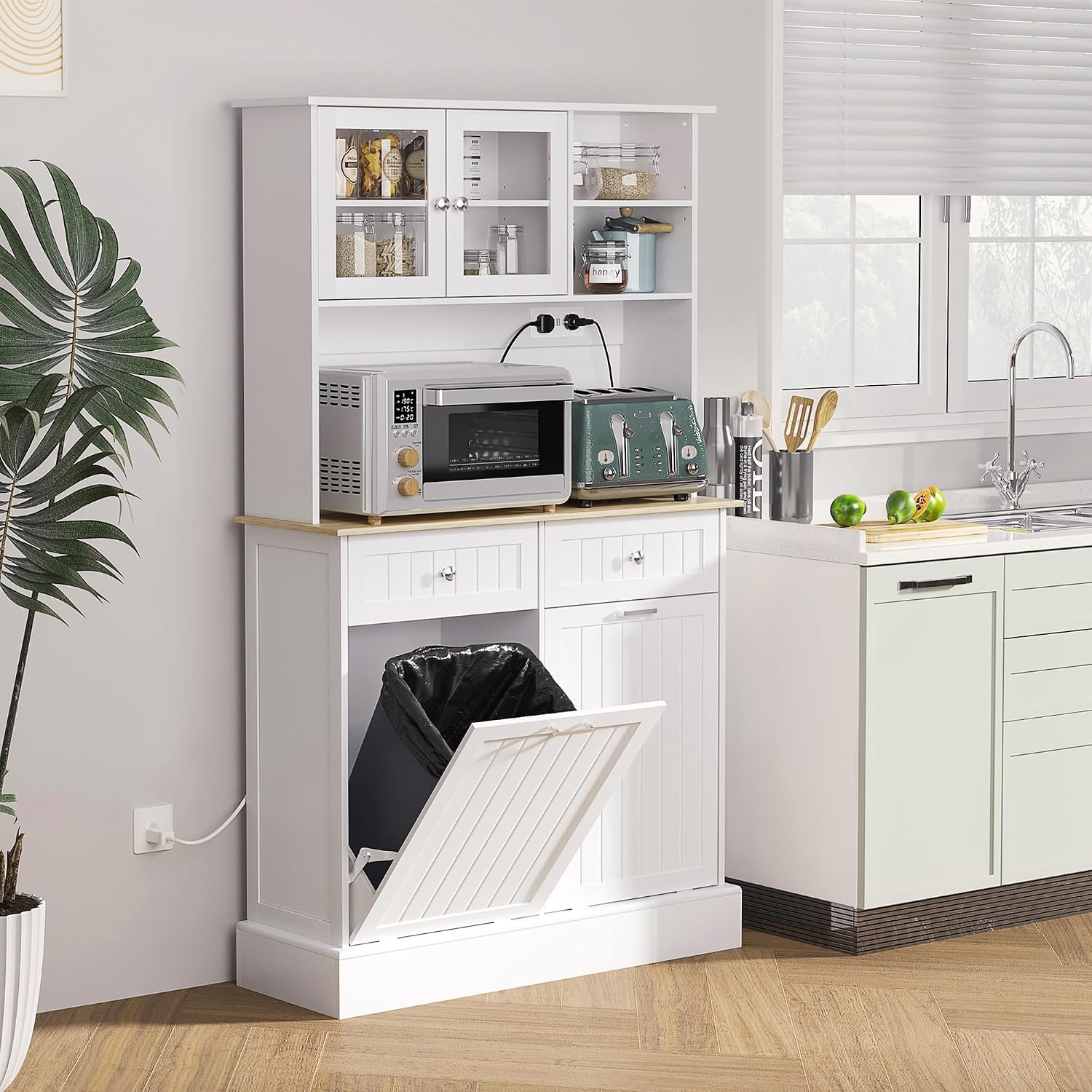 68' Charging Station Freestanding Storage Cabinet, Kitchen Storage Bakers Rack with Tilt-Out Trash Cabinets, Utility Food Cupboard with Adjustable Shelf for Kitchen Living Spaces, White