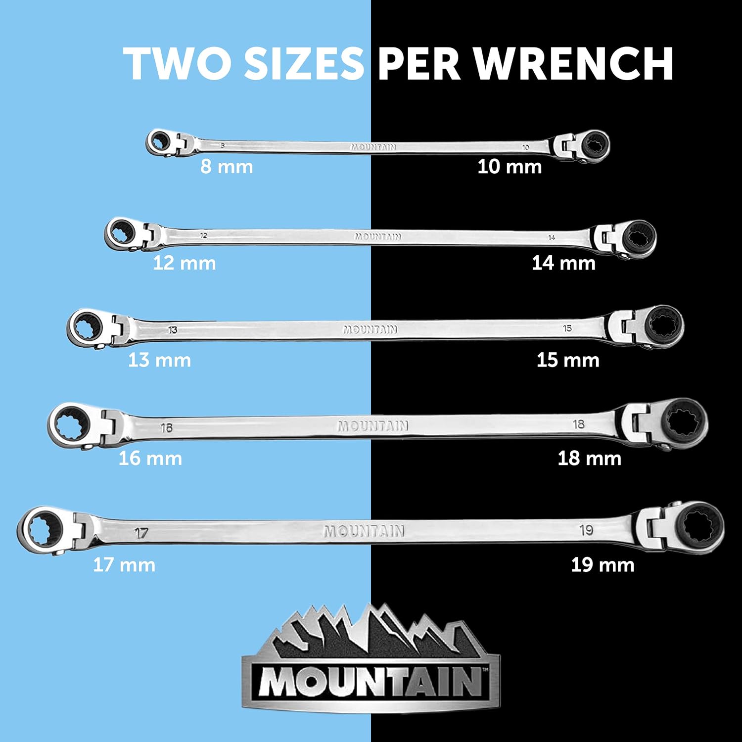 Mountain RM6 5-Piece Metric Double Box Universal Spline Reversible Ratcheting Wrench Set; 8 mm - 18mm, 90 Tooth Design, Long, Flexible, Reversible; 4-Pack