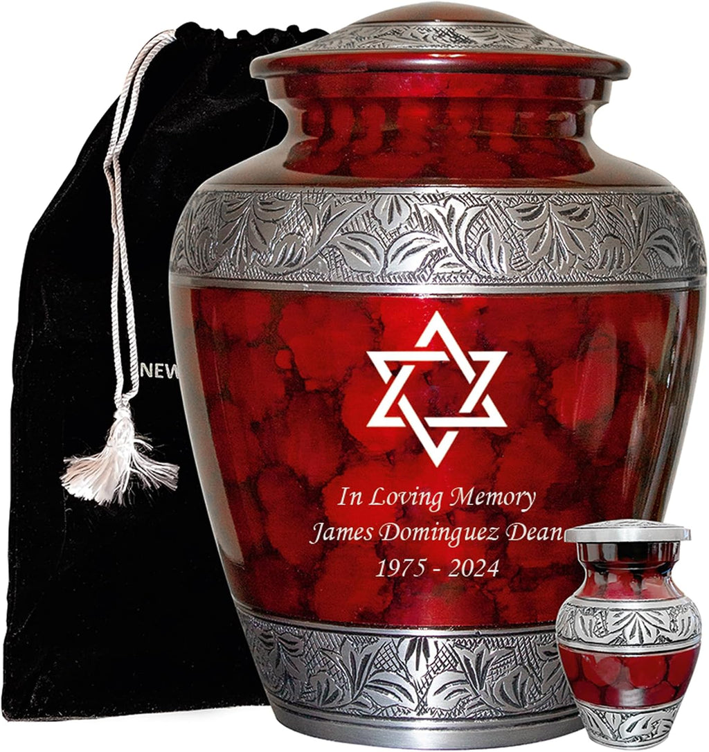 Star of David Blue Cremation Urn for Human Ashes, Jewish Cremation Urn, Religious Ash Urns with Personalized Engraving (Red Fire)